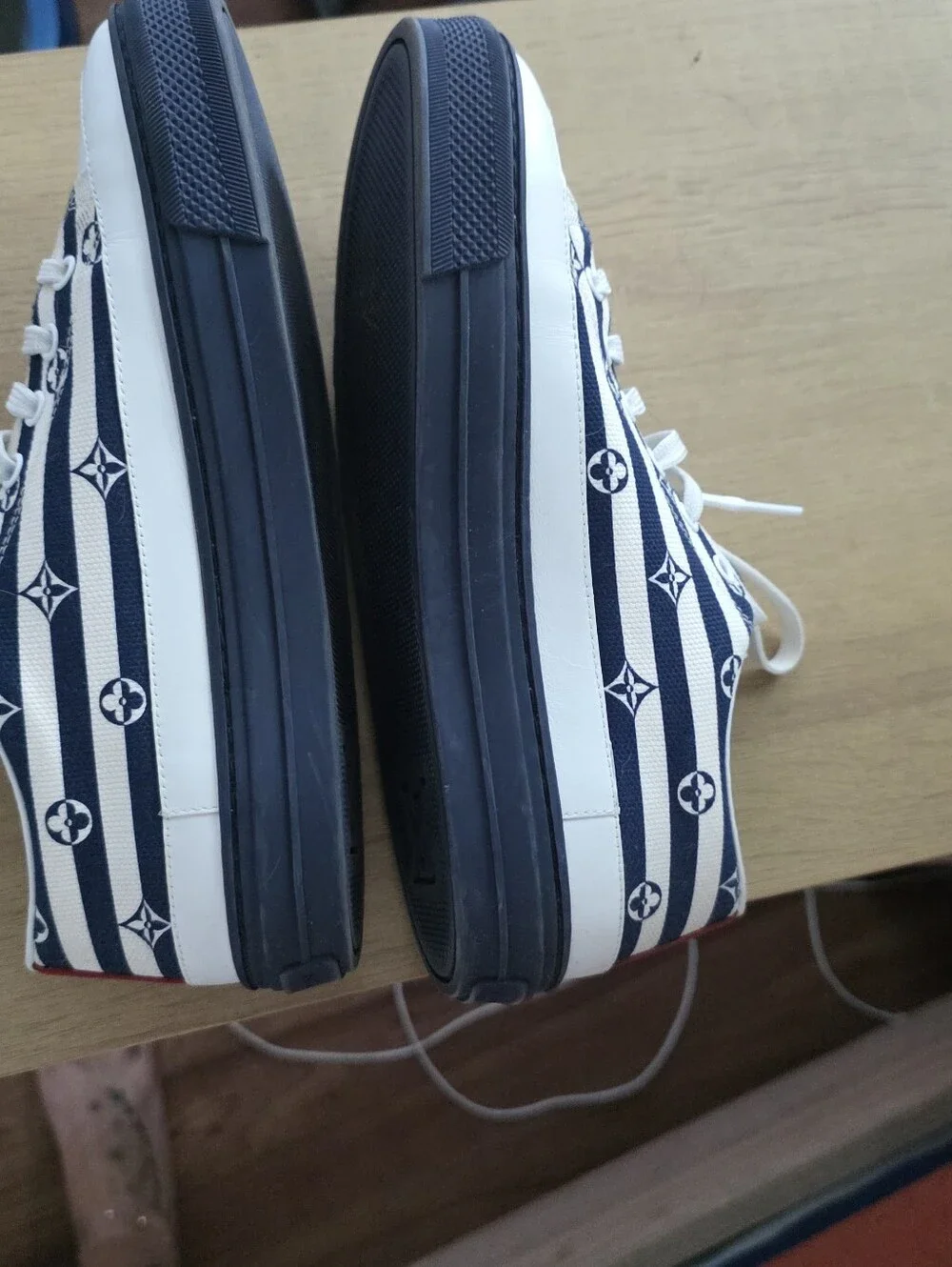 Louis Vuitton Navy White Striped Platform Sneakers With Red On The Back